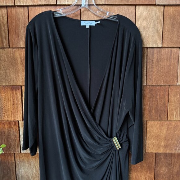 CALVIN KLEIN Black Jersey Knit V-Neck Dress with Goldtone Hardware in Women's 1X - Picture 3 of 10